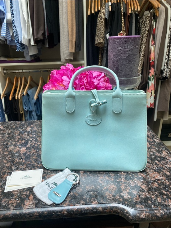 Longchamp Handbags - Longchamp Turquoise Leather Top-Handle Tote. GUC.